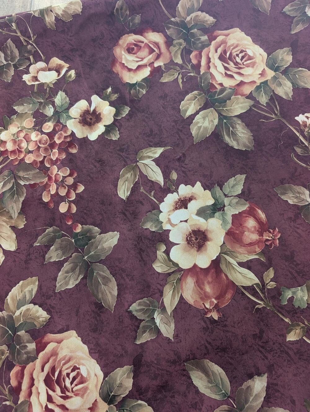 Vintage Plum Floral Barkcloth Sateen Upholstery Fabric Remnant 45x80